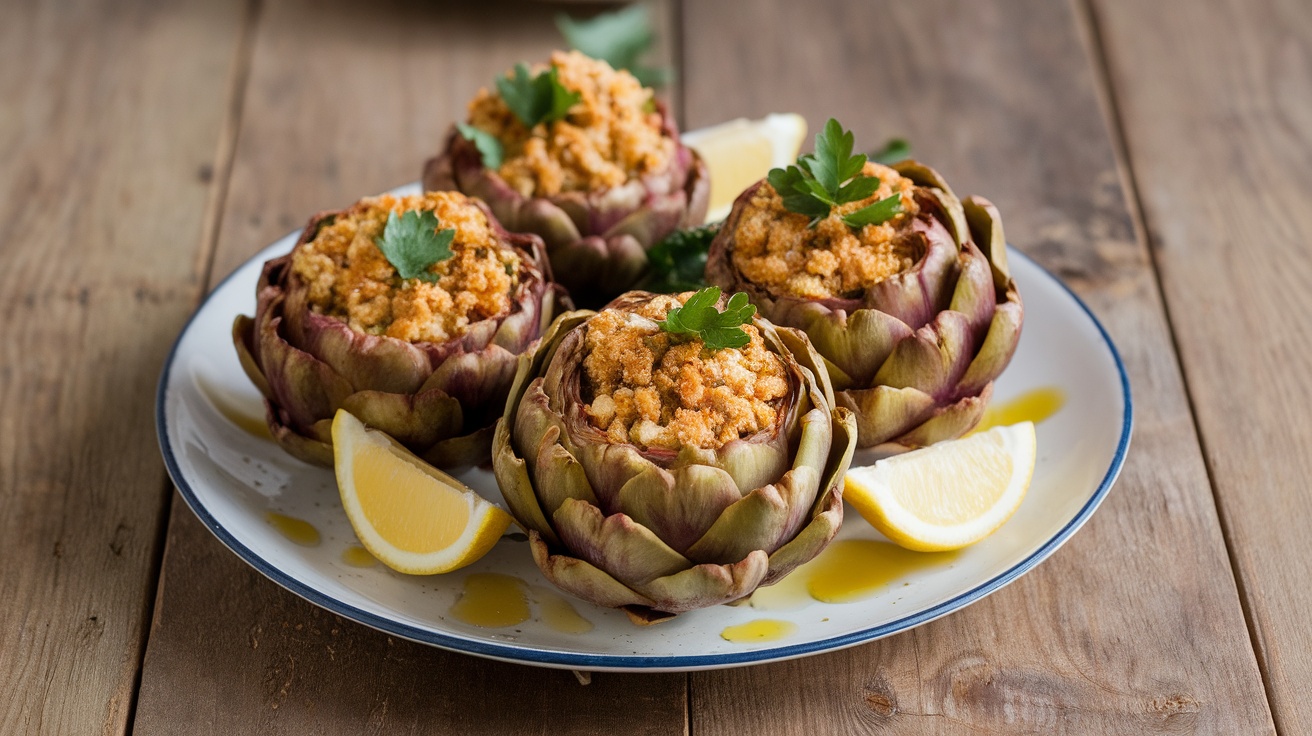 Savory Vegan Stuffed Artichokes Recipe Vegan Stuffed Artichokes served on a rustic plate, filled with breadcrumb stuffing and garnished with parsley and lemon.