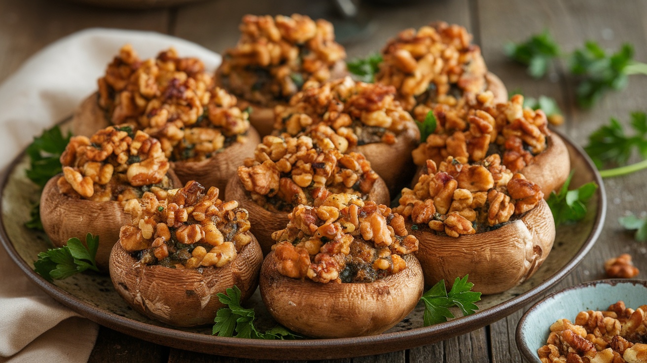 Savory Vegan Stuffed Mushrooms with Walnut Crumble Savory vegan stuffed mushrooms topped with walnut crumble on a rustic wooden table.