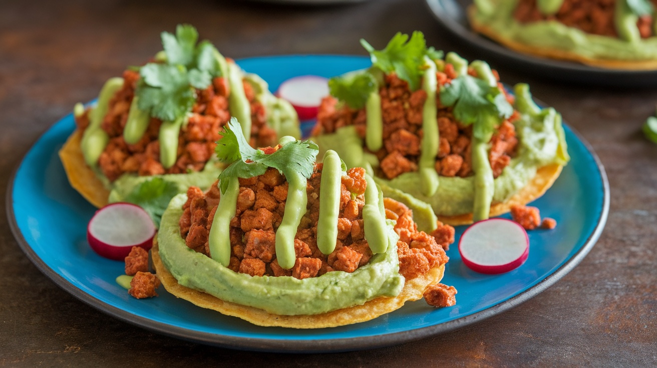 Crispy Vegan Tempeh Tostadas with Avocado Crema Crispy tostadas with tempeh and avocado crema, garnished with radishes and cilantro on a rustic table.