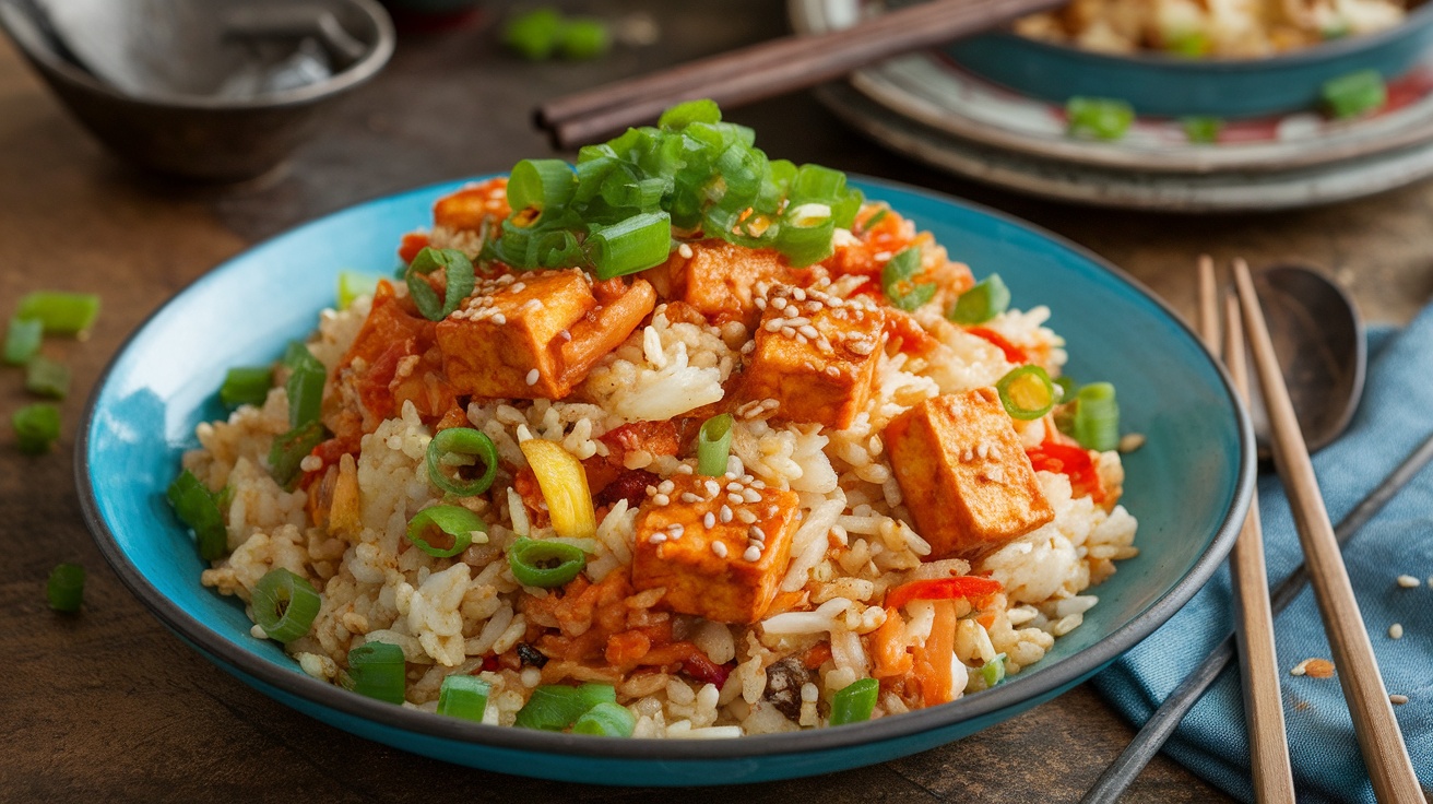 Flavorful Vegan Tofu and Kimchi Fried Rice Recipe A colorful serving of vegan tofu and kimchi fried rice with tofu cubes, vegetables, and green onions.