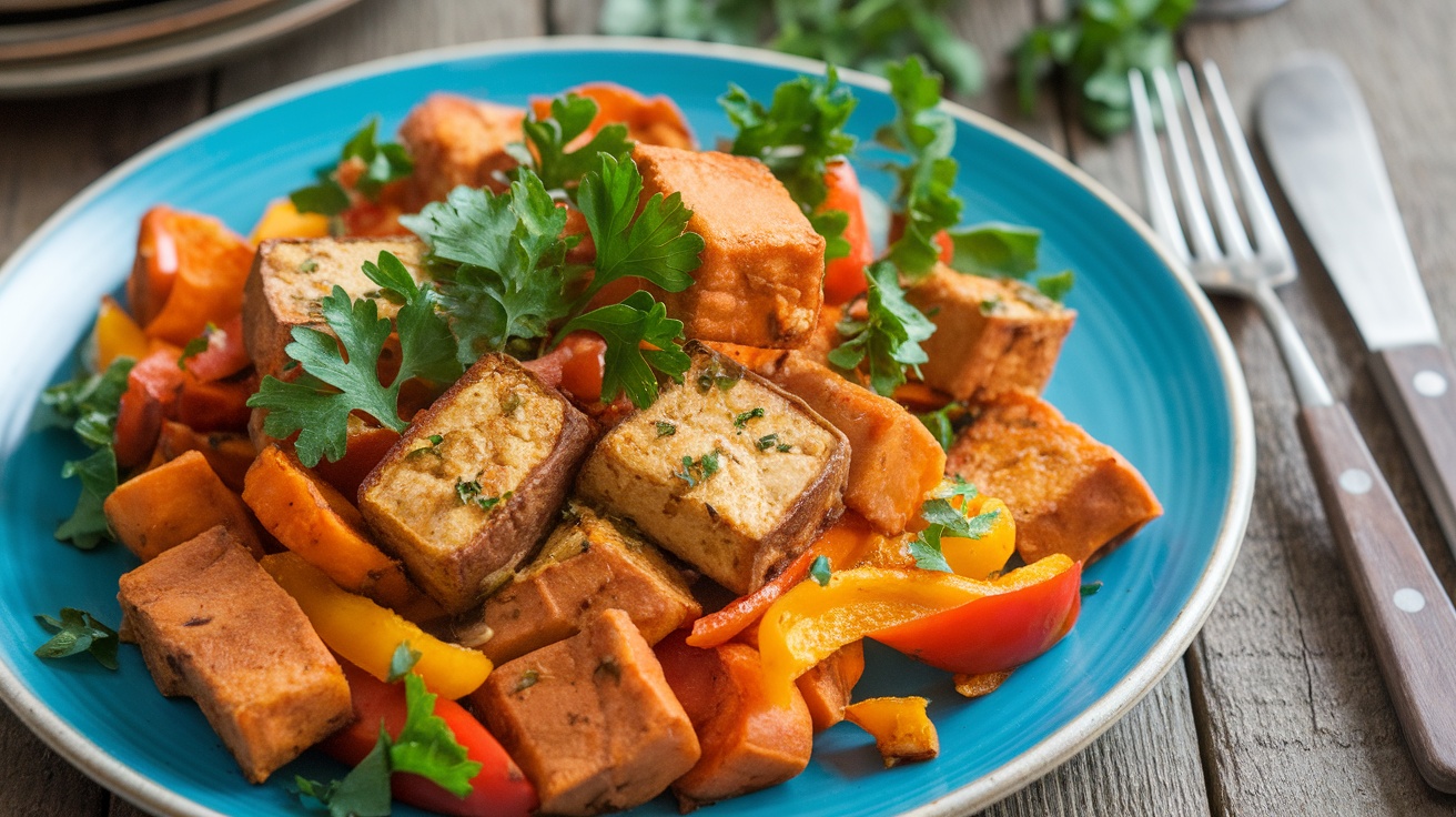 Savory Vegan Tofu and Sweet Potato Hash A colorful Vegan Tofu and Sweet Potato Hash with crispy sweet potatoes, tofu, and bell peppers garnished with parsley on a rustic table.
