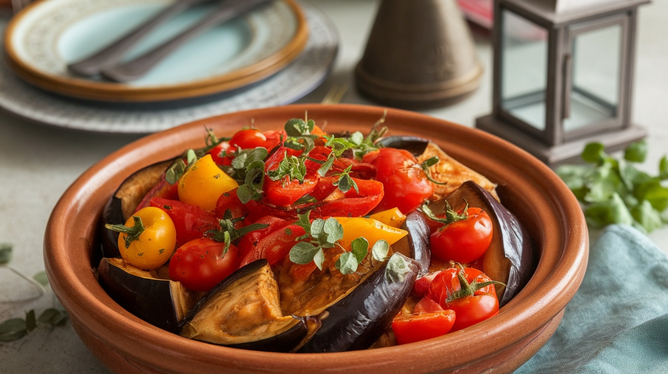 A colorful bowl of Vegan Tomato and Eggplant Tagine with eggplant, tomatoes, and bell peppers, garnished with herbs, set on a rustic table.
