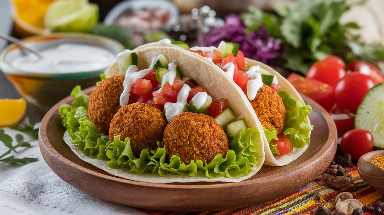 Crispy Vegan Baked Falafel Tacos Recipe Crispy falafel tacos with fresh vegetables and vegan yogurt sauce on a wooden plate.