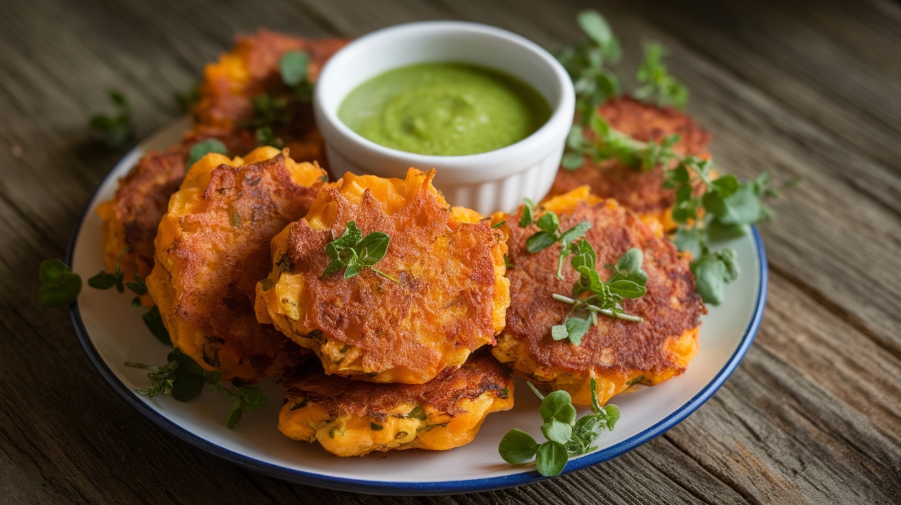 Crispy Vegan Butternut Squash Fritters Recipe Crispy Vegan Butternut Squash Fritters served with a green dipping sauce on a rustic plate.