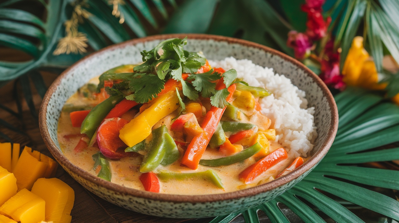 Vegan Coconut Mango Curry Recipe Vegan Coconut Mango Curry in a bowl with vegetables and cilantro, served with rice on a rustic table.