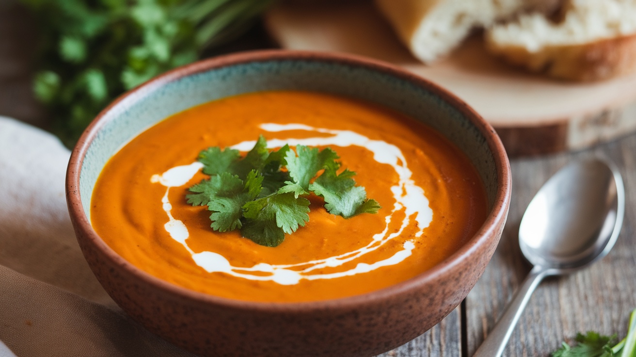 A bowl of bright orange vegan carrot and coconut soup garnished with cilantro, on a wooden table with bread.