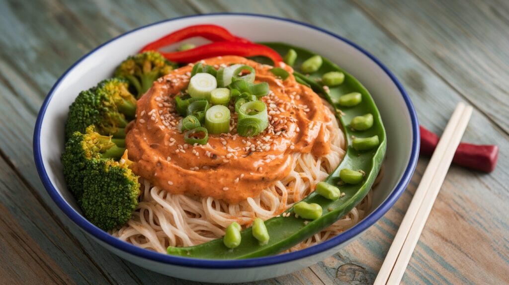 Vegan Rice Noodles with Spicy Almond Sauce