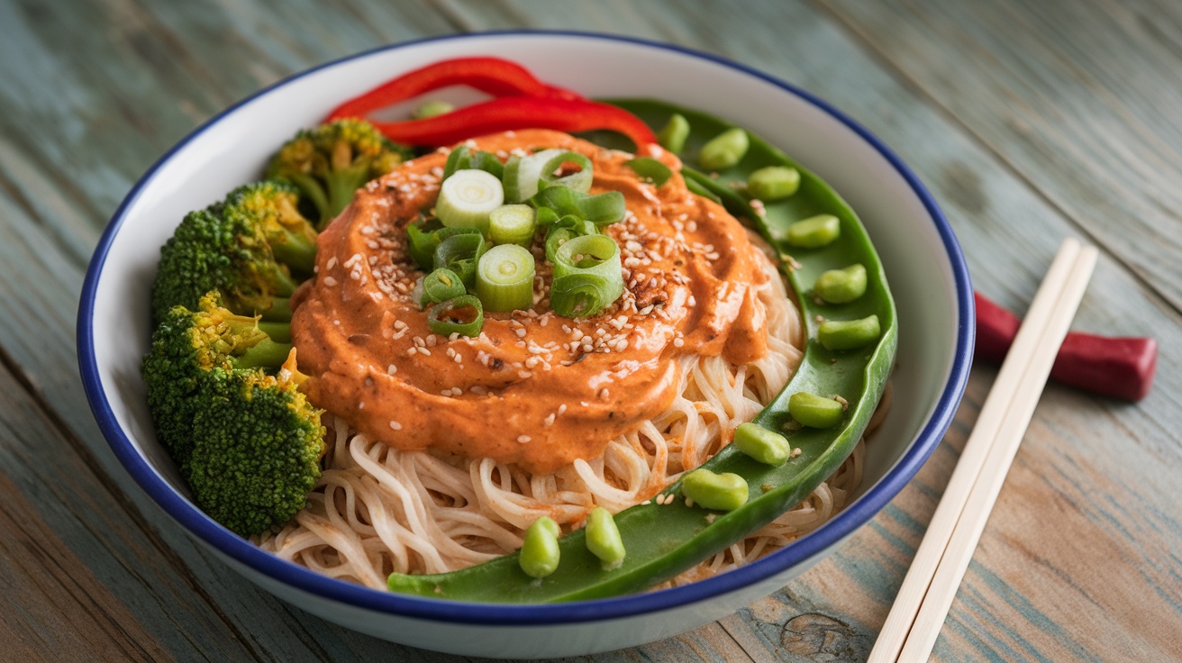 Vegan Rice Noodles with Spicy Almond Sauce A bowl of vegan rice noodles with spicy almond sauce and mixed vegetables on a wooden table.