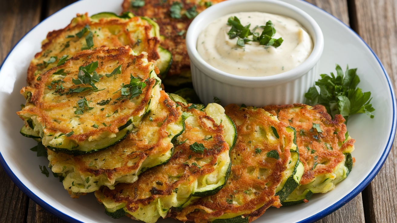 Crispy Vegan Zucchini Fritters with Garlic Dipping Sauce Crispy vegan zucchini fritters with garlic sauce on a rustic plate.