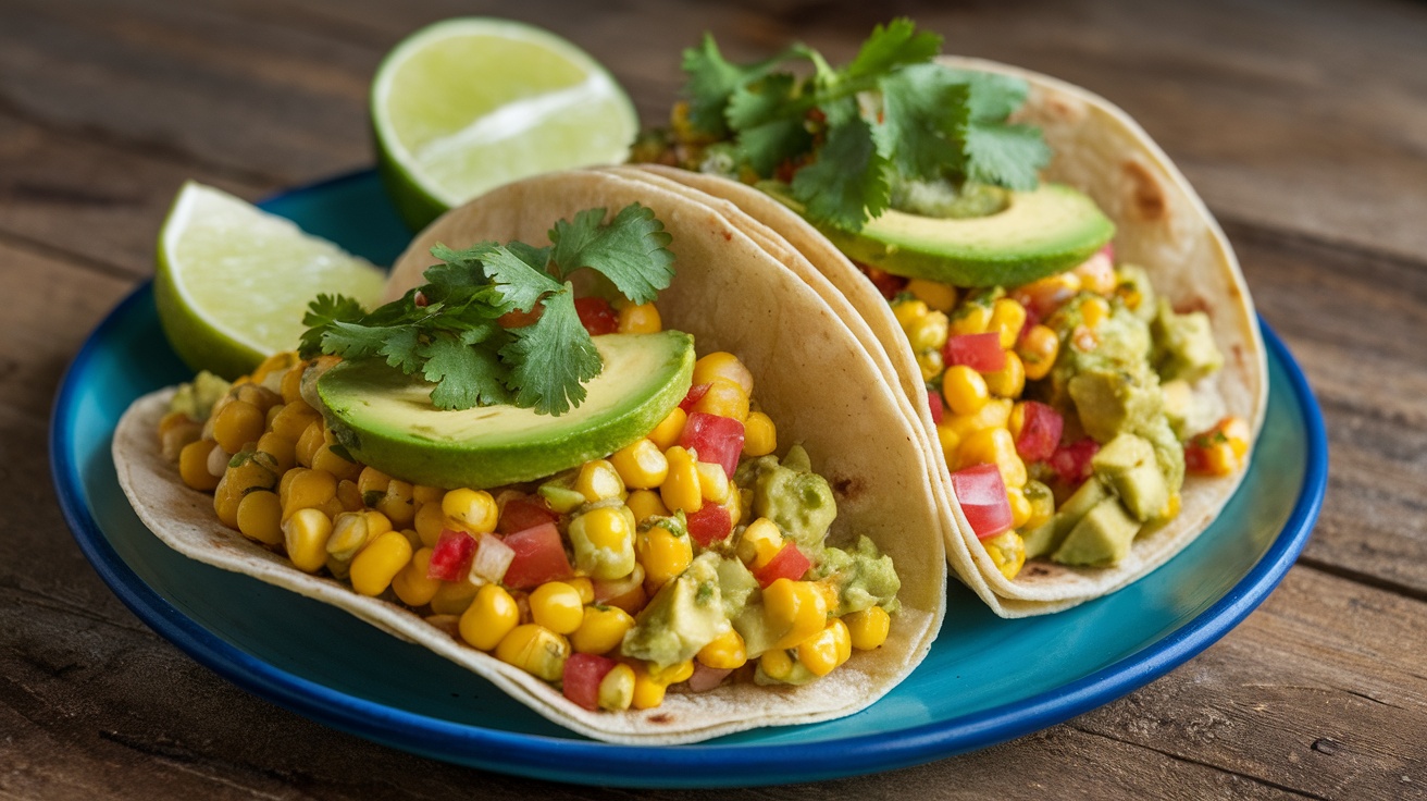 Zesty Vegan Corn and Avocado Salsa Tacos A colorful plate of vegan tacos filled with corn and avocado salsa, garnished with cilantro and lime.