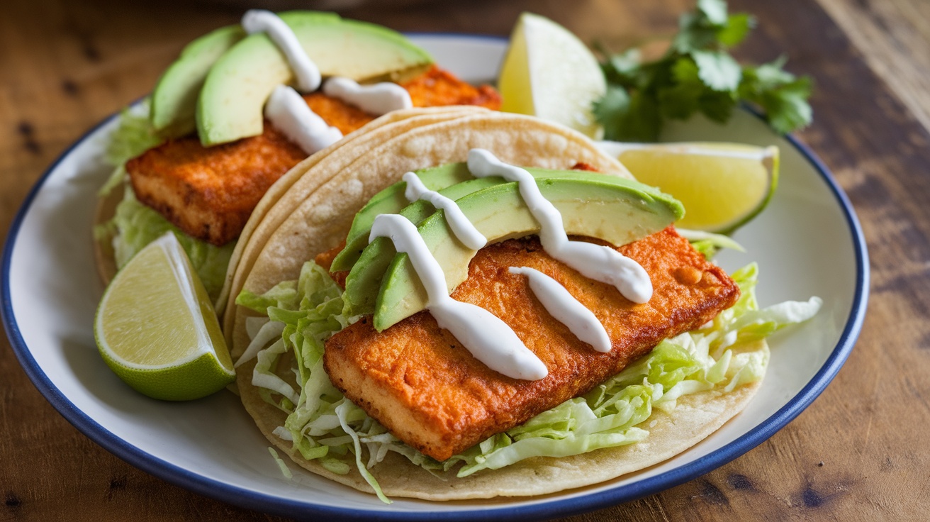 Crispy Vegan Tofu Fish Tacos Crispy vegan tofu fish tacos with avocado, cabbage, and cilantro on a wooden table with lime wedges.