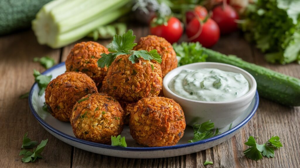 Vegan Baked Falafel with Cucumber Sauce