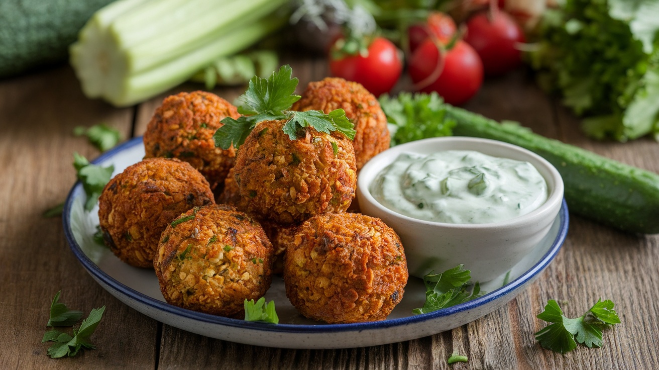 Crispy Vegan Baked Falafel with Refreshing Cucumber Sauce Crispy baked falafel balls with cucumber sauce on a plate, garnished with parsley.
