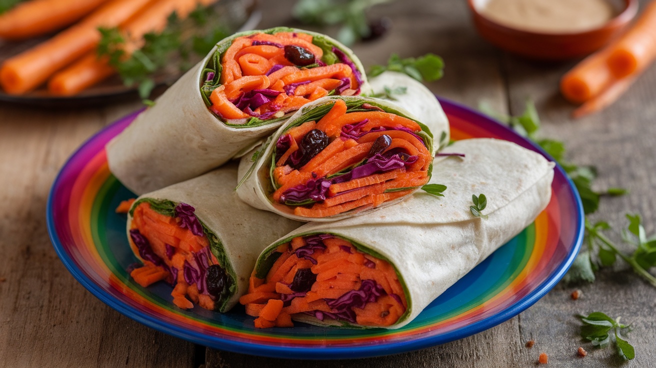 Fresh Vegan Carrot and Raisin Slaw Wraps Fresh Vegan Carrot and Raisin Slaw Wraps filled with grated carrots and raisins, sliced in half on a wooden table.
