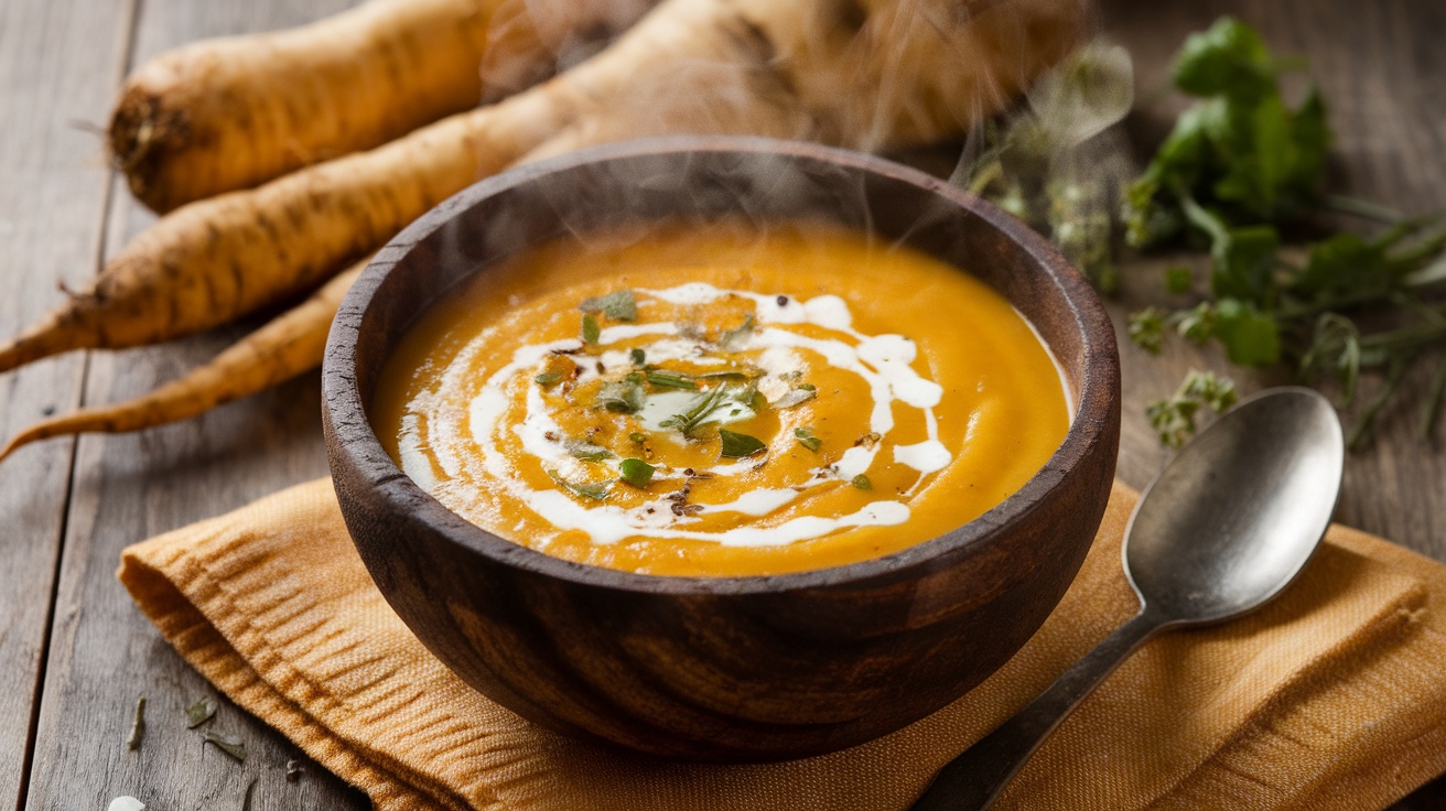 A bowl of creamy roasted parsnip soup with coconut milk and herbs on a rustic table.