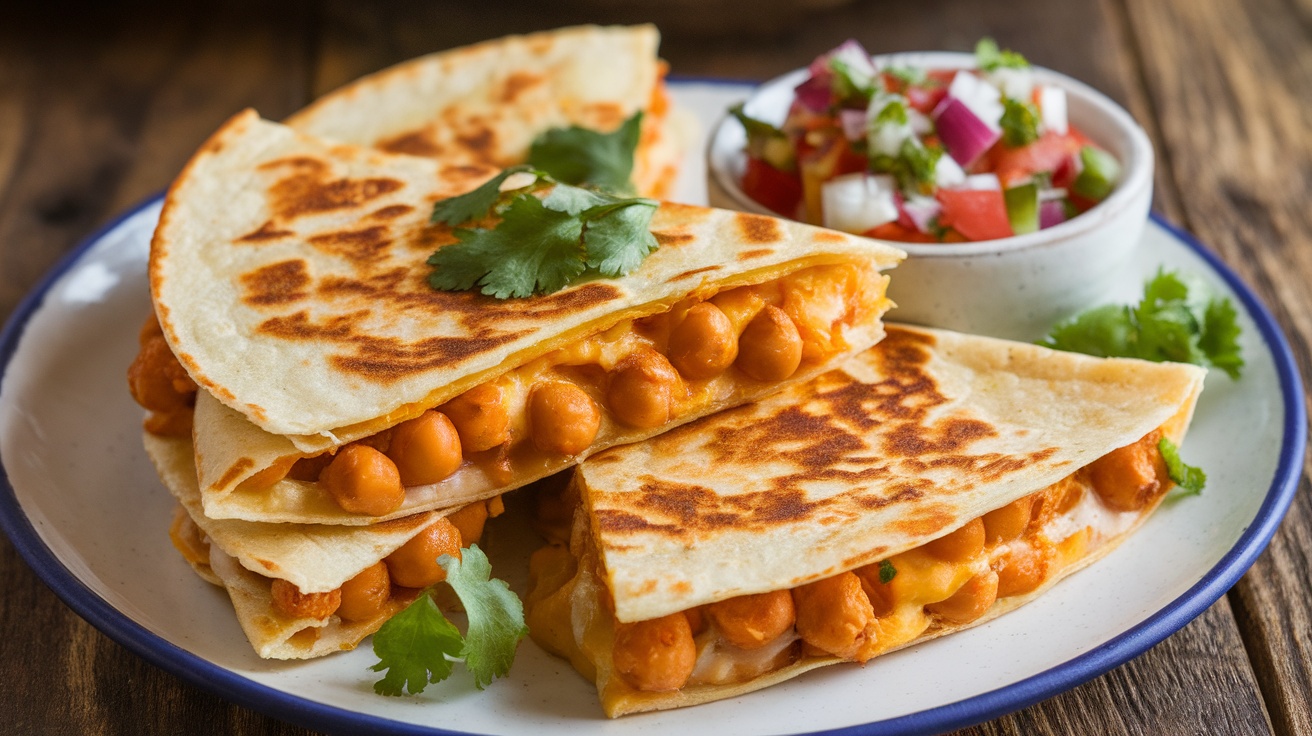 Vegan Cheesy Chickpea Quesadillas Vegan cheesy chickpea quesadillas on a plate, cut into wedges with cilantro and salsa.