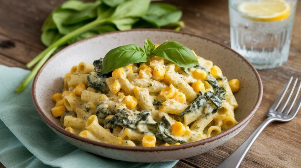Vegan Creamy Spinach and Corn Pasta