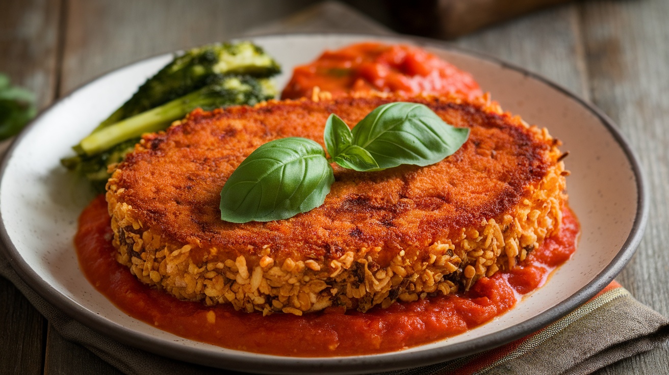 Crispy Vegan Italian Tofu Cutlets Recipe Crispy vegan Italian tofu cutlet garnished with basil on a wooden table with tomato sauce and vegetables.