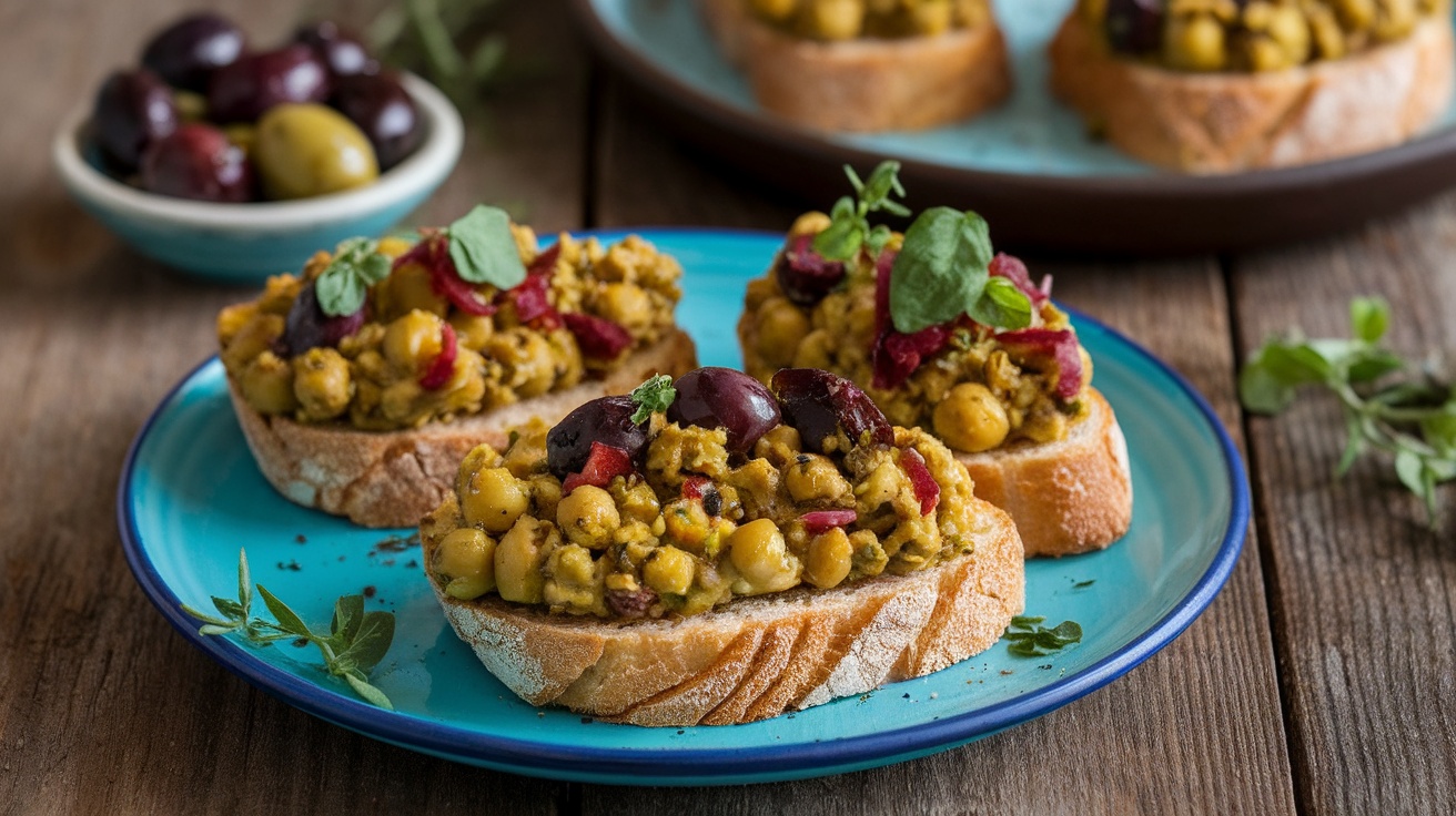 Savory Vegan Chickpea and Olive Tapenade Toast Crispy toast topped with chickpea and olive tapenade, garnished with herbs, served on a wooden table.