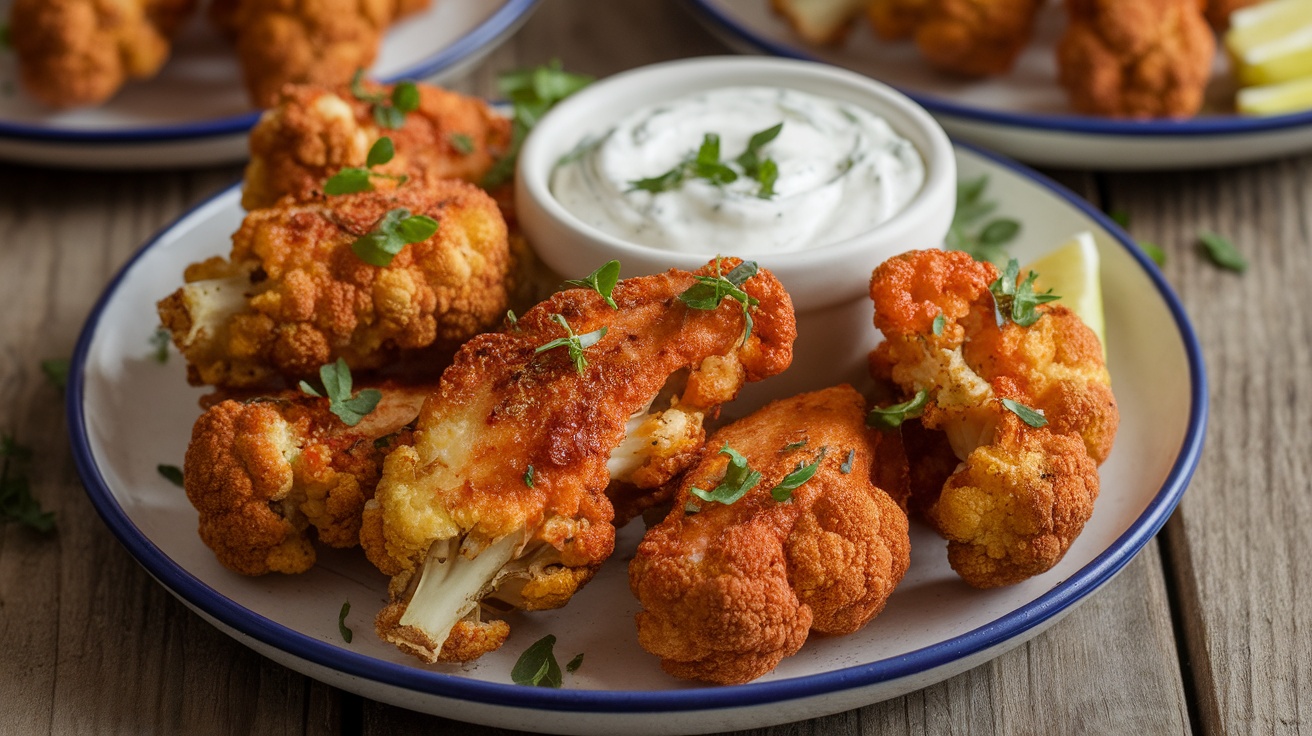 Crispy Vegan Cauliflower Wings with Creamy Ranch Dip Crispy vegan cauliflower wings on a plate with ranch dip in a bowl, garnished with herbs.