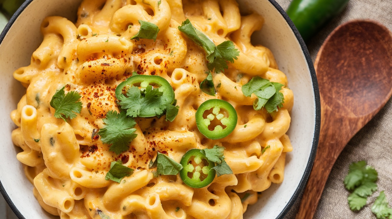 Spicy Vegan Jalapeño Mac and Cheese A bowl of vegan mac and cheese with jalapeños, garnished with cilantro, on a rustic table.
