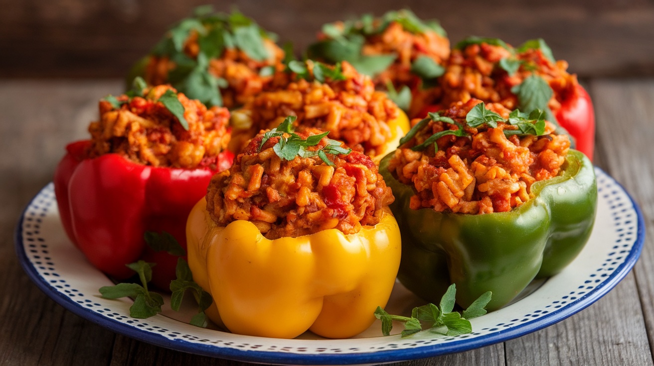 Savory Vegan Stuffed Bell Peppers with Tempeh Vegan stuffed bell peppers filled with tempeh and rice, garnished with herbs on a rustic wooden table.