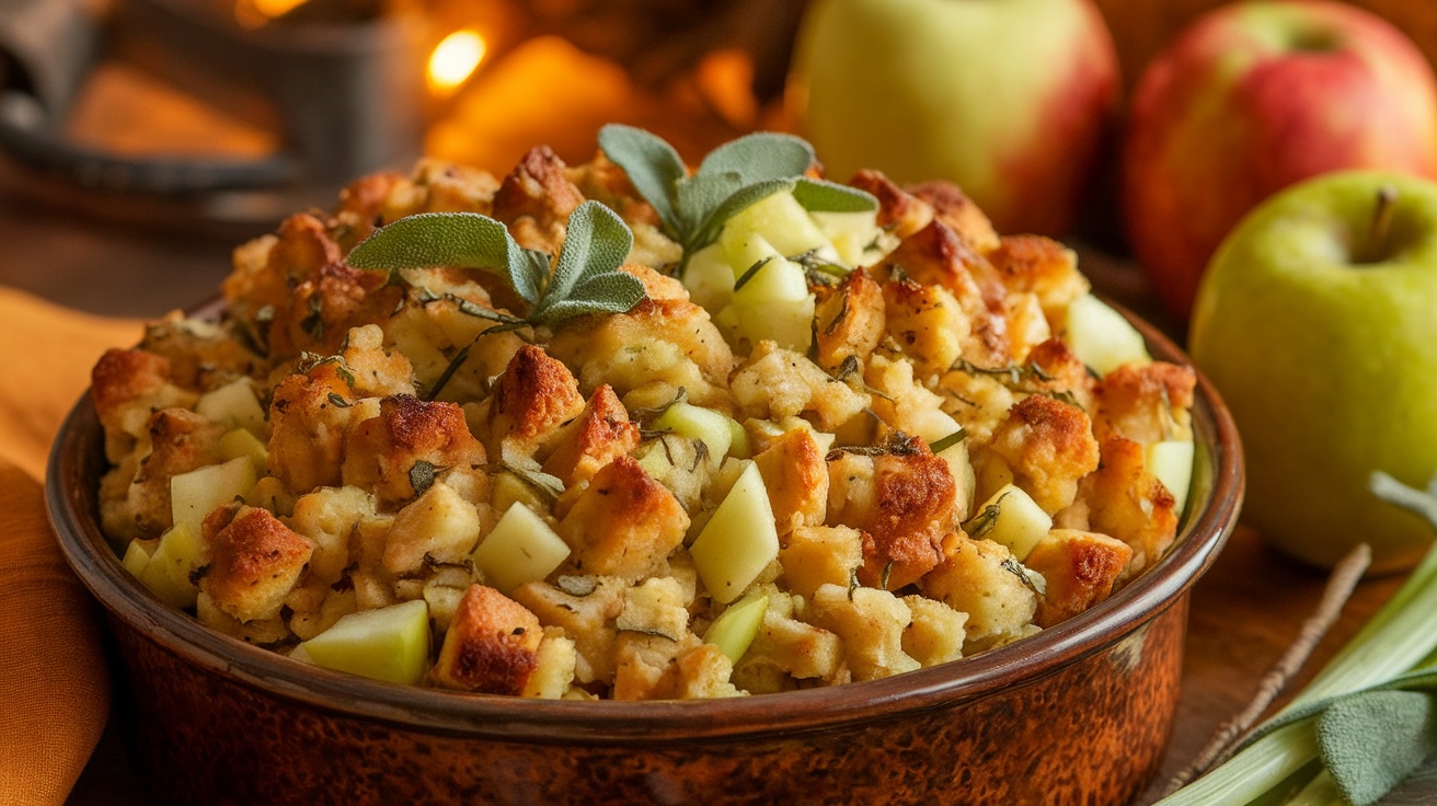 Savory Vegan Apple Sage Stuffing Recipe Golden-brown vegan apple sage stuffing served in a rustic dish, garnished with fresh herbs.