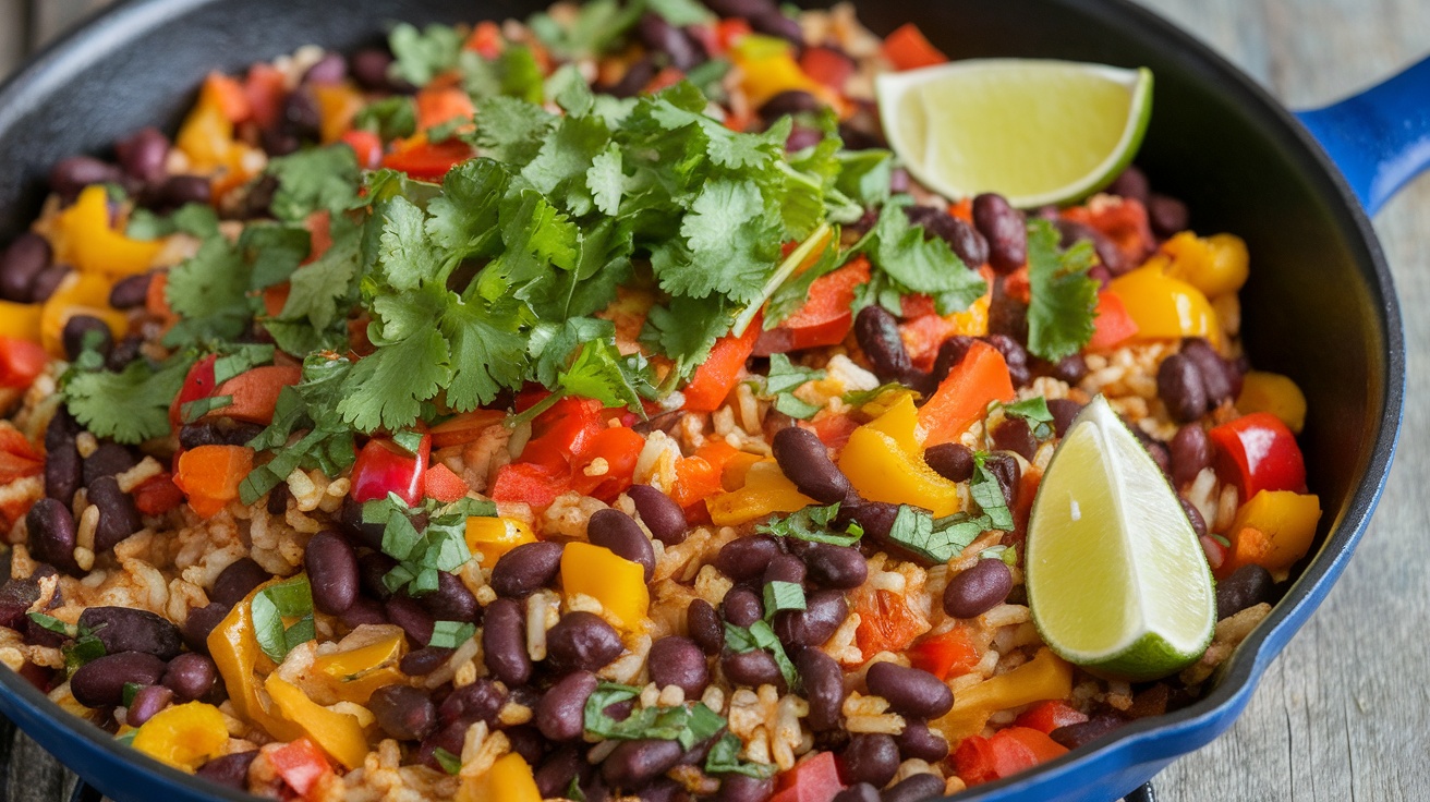 Savory Vegan Black Bean and Rice Skillet A hearty Vegan Black Bean and Rice Skillet filled with beans, rice, and peppers, garnished with cilantro and lime.