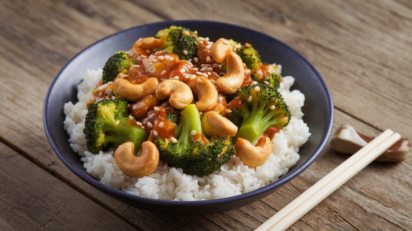 Savory Vegan Broccoli and Cashew Stir-Fry Recipe Bowl of Vegan Broccoli and Cashew Stir-Fry with broccoli, cashews, and rice on a wooden table.