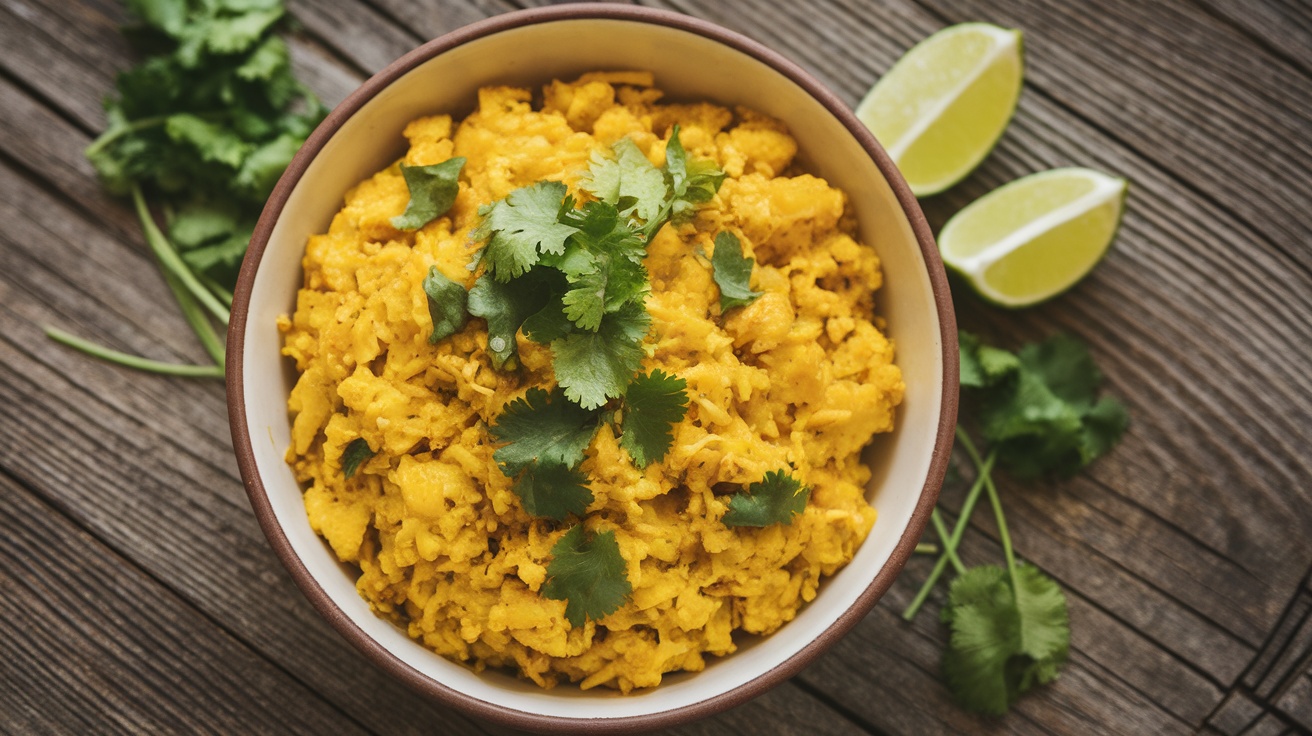Vibrant Vegan Turmeric Cauliflower Rice Recipe Vegan Turmeric Cauliflower Rice garnished with cilantro and lime, on a rustic wooden table.