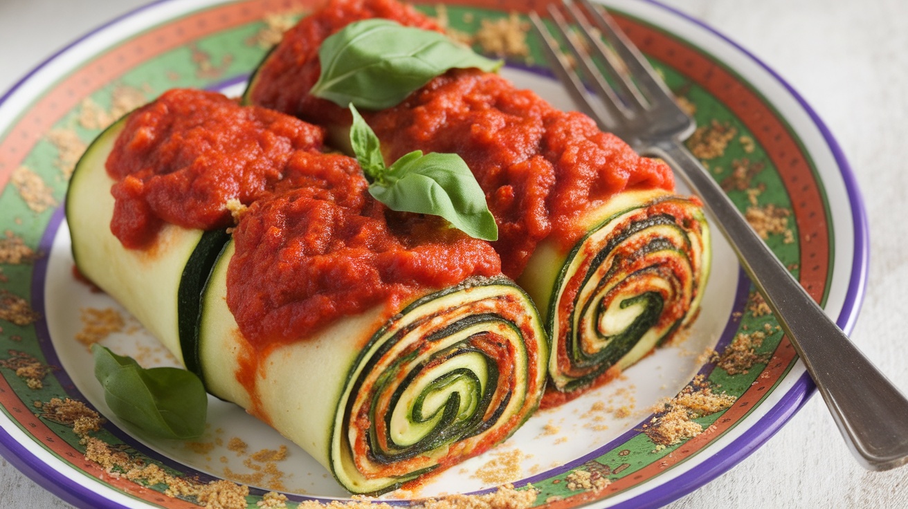 Delicious Vegan Zucchini Lasagna Roll-Ups Vegan zucchini lasagna roll-ups with marinara sauce and basil on a plate.