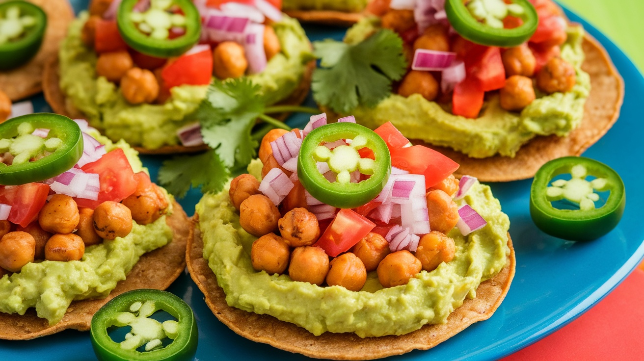 Delicious Vegan Chickpea and Avocado Tostadas Crispy Vegan Chickpea and Avocado Tostadas topped with avocado, chickpeas, tomatoes, and cilantro.