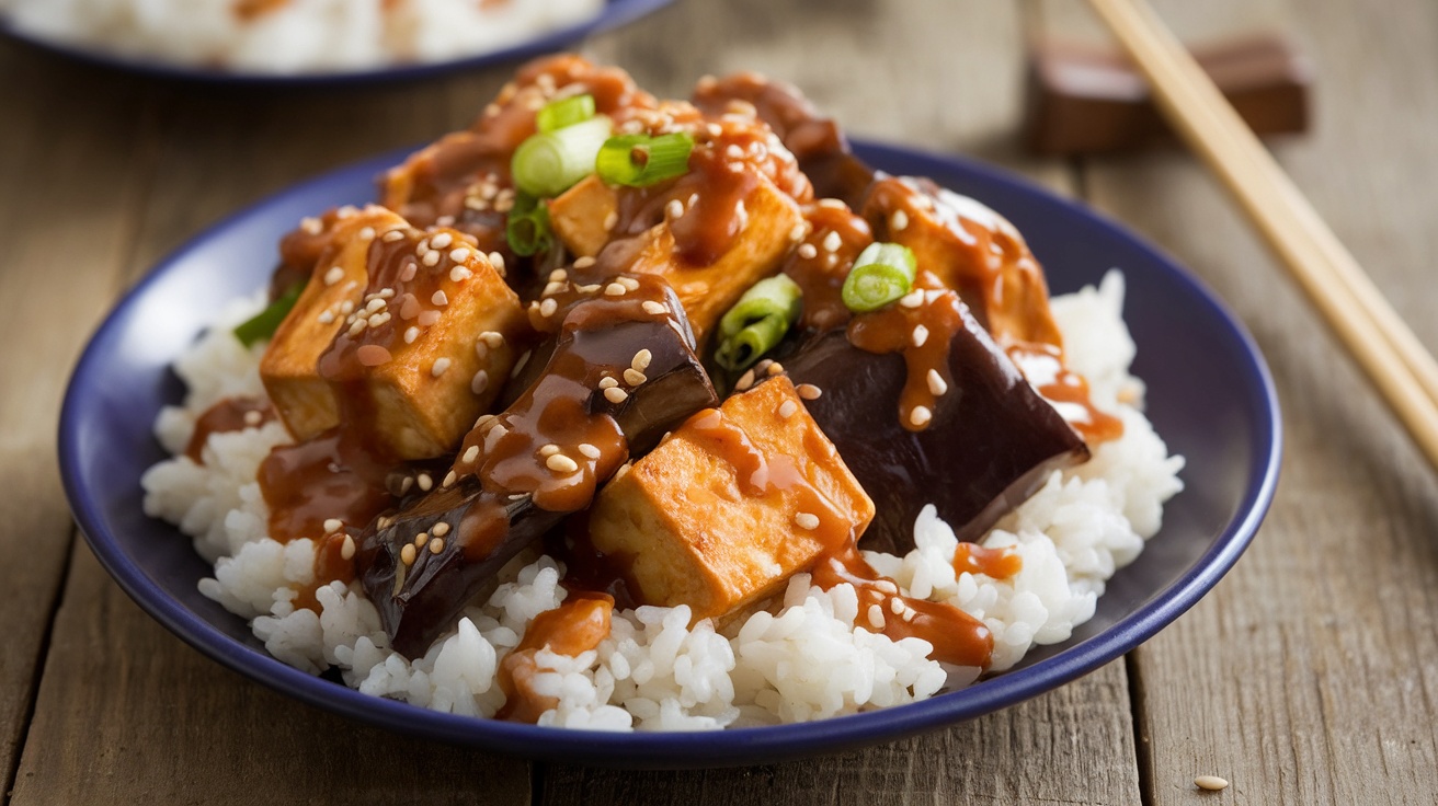 Delicious Vegan Teriyaki Eggplant and Tofu Recipe Vegan Teriyaki Eggplant and Tofu served over rice, garnished with sesame seeds and green onions.