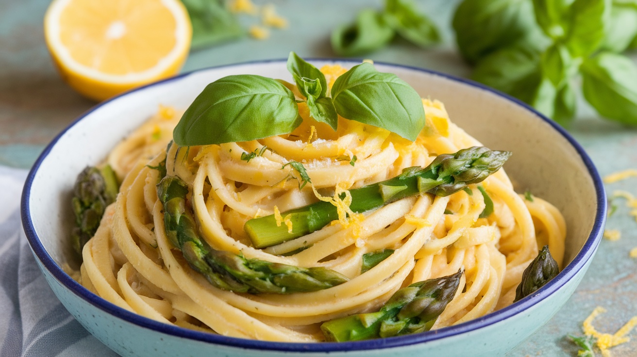 Zesty Vegan Lemon Asparagus Pasta Recipe A bowl of Vegan Lemon Asparagus Pasta with asparagus and lemon zest, garnished with basil, on a rustic table.