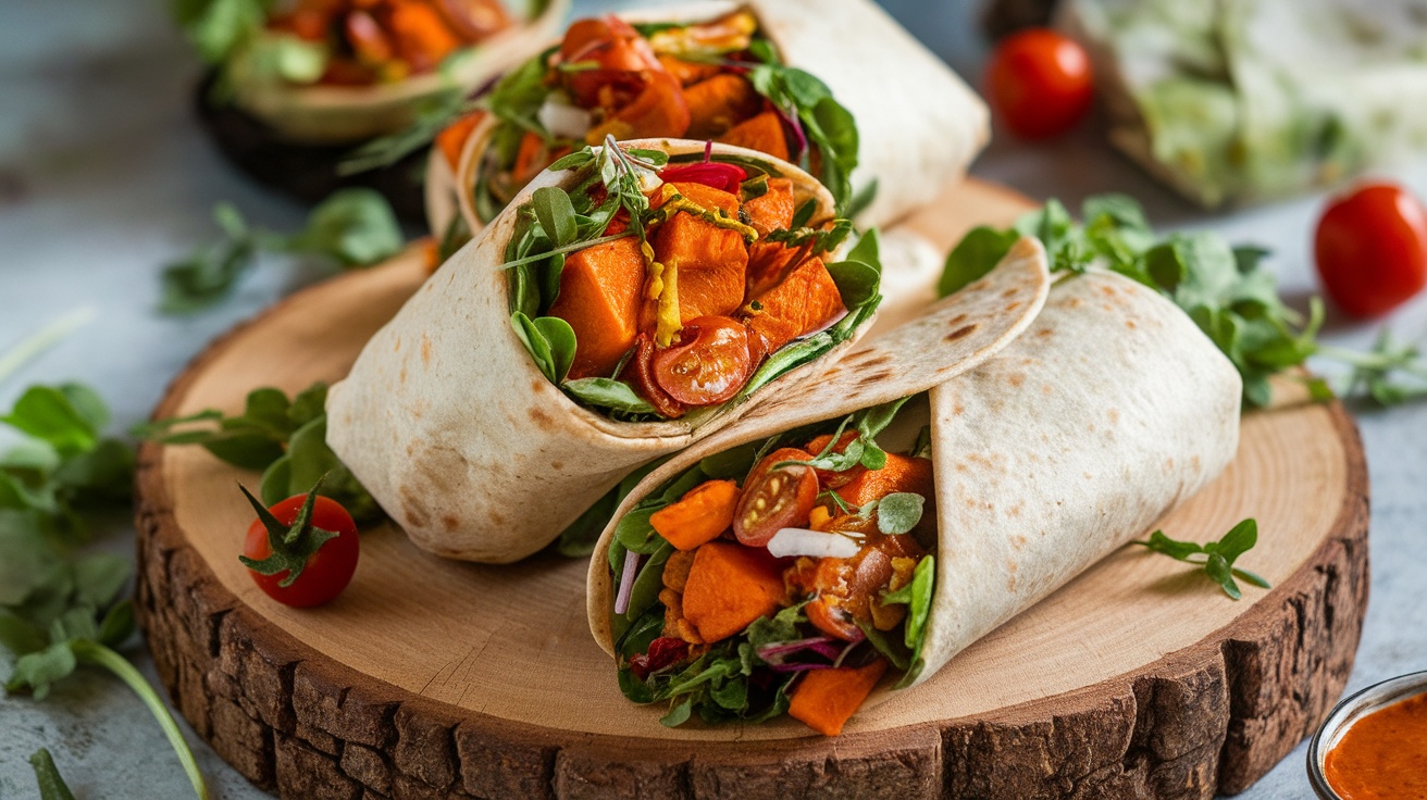 Spicy Vegan Harissa Sweet Potato Wraps Colorful Vegan Harissa Sweet Potato Wraps filled with roasted sweet potatoes, spinach, cucumbers, and carrots on a wooden platter.