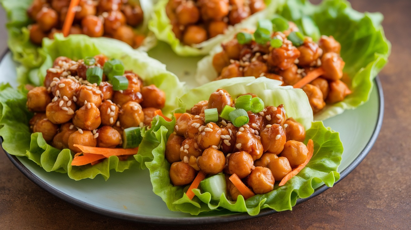 Delicious Vegan Teriyaki Chickpea Lettuce Wraps Vegan Teriyaki Chickpea Lettuce Wraps filled with chickpeas, carrots, and cucumber on a rustic plate.