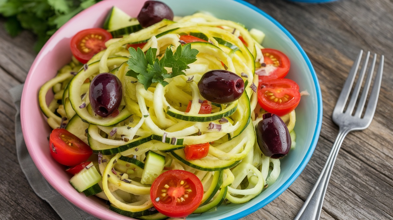 Vibrant Vegan Mediterranean Zoodle Salad Vegan Mediterranean Zoodle Salad with zucchini noodles, cherry tomatoes, cucumbers, and olives in a bowl.