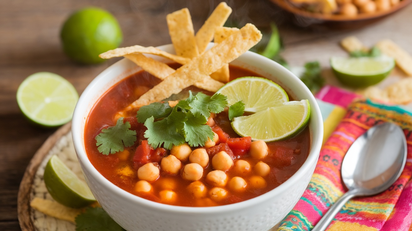Spicy Vegan Chickpea Tortilla Soup A hearty bowl of Vegan Chickpea Tortilla Soup with chickpeas, tomatoes, and crispy tortilla strips, garnished with cilantro and lime on a rustic table.