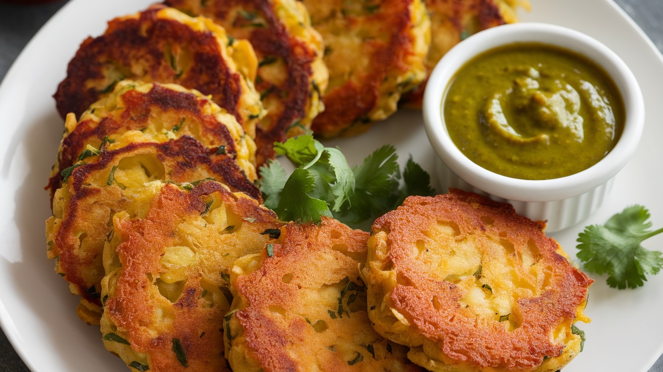 Crispy Vegan Indian-Spiced Potato Cakes Recipe Crispy vegan Indian-spiced potato cakes with cilantro garnish and green chutney on a plate.