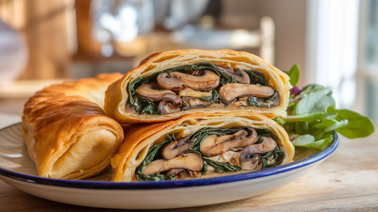 Golden Vegan Mushroom Spinach Strudel on a plate, showcasing the flaky pastry and rich filling.