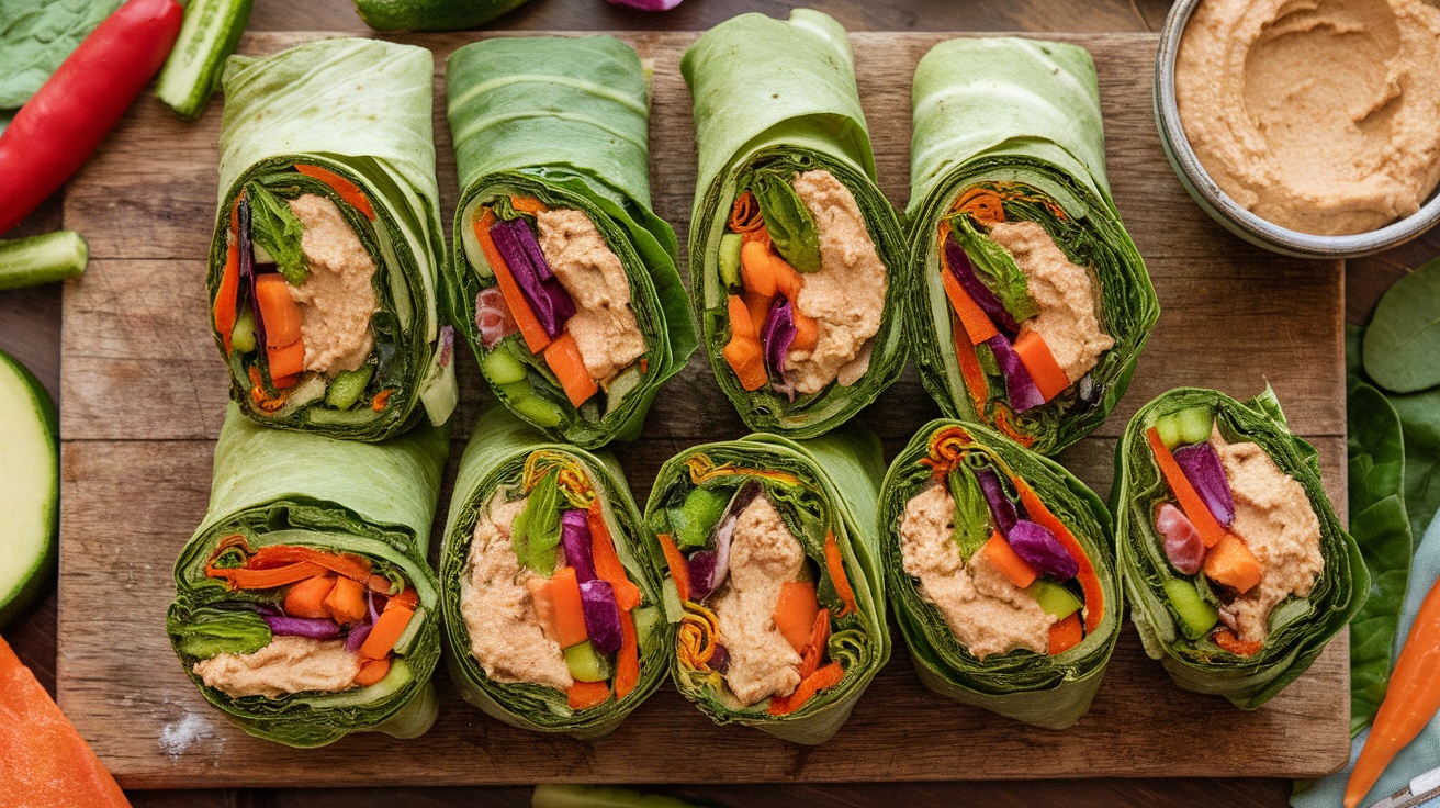Flavorful Vegan Collard Green Wraps with Hummus Vegan Collard Green Wraps filled with hummus and vegetables, cut in half on a wooden board, alongside a bowl of hummus.