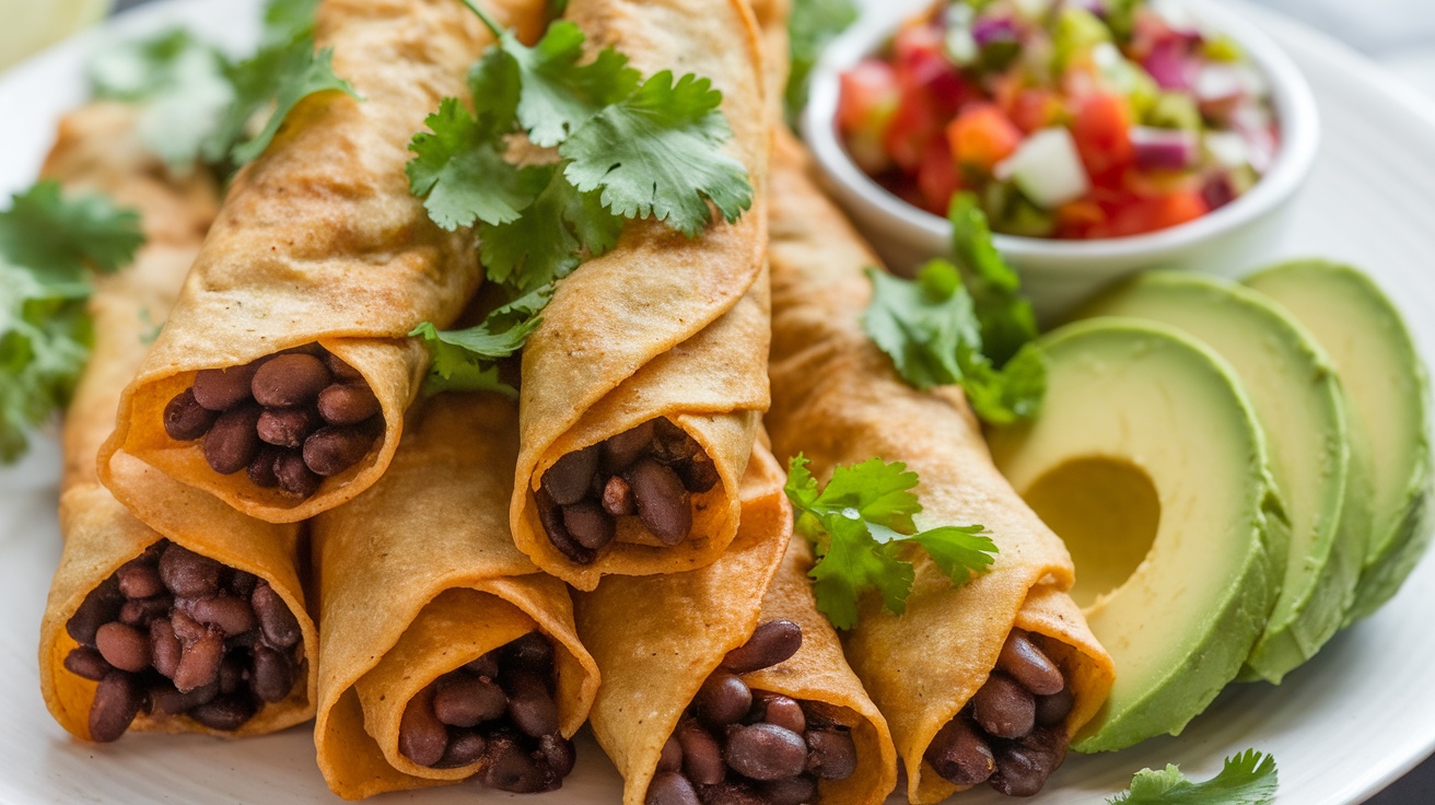 Crispy Vegan Black Bean Taquitos Recipe Crispy Vegan Black Bean Taquitos served with salsa and avocado on a decorative plate.