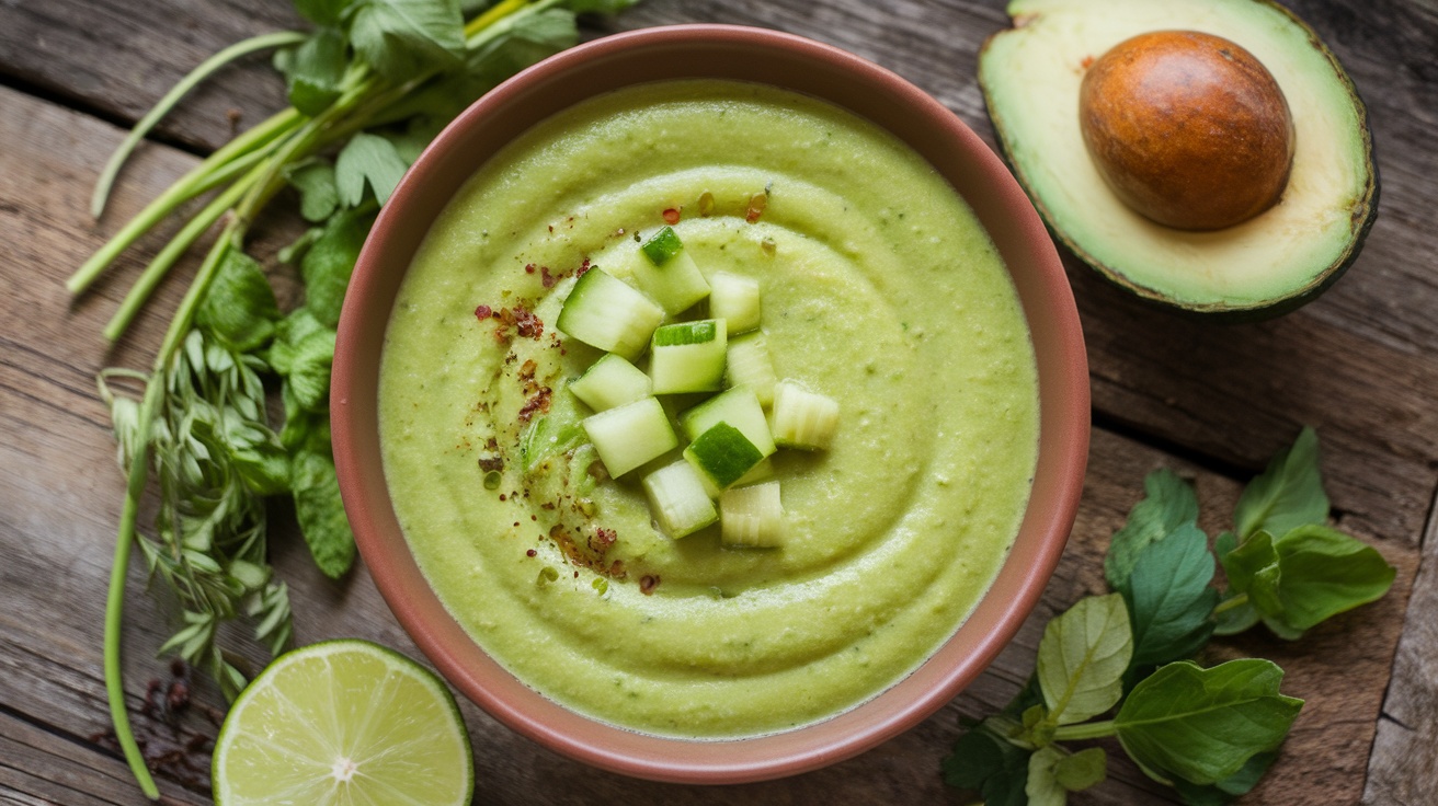 Chilled Vegan Cucumber Avocado Gazpacho Recipe Chilled green gazpacho soup with cucumbers and avocados, garnished with herbs, on a rustic wooden table.