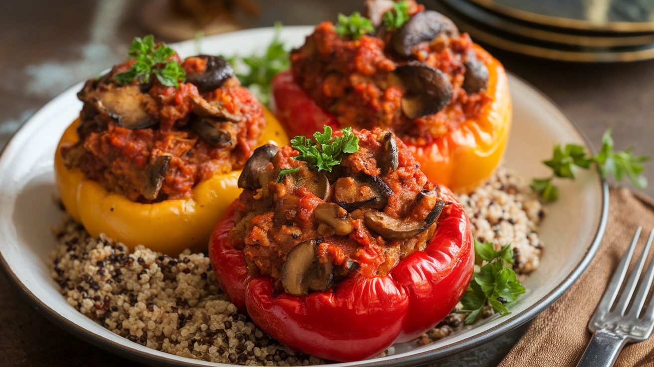 Vegan Mushroom Bolognese Stuffed Peppers Four roasted bell peppers stuffed with mushroom bolognese sitting on a plate, garnished with parsley.