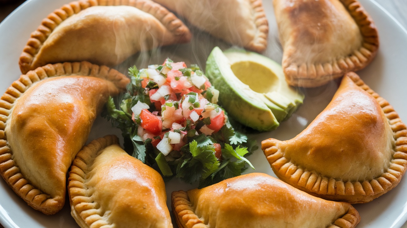 A delicious plate of vegan black bean empanadas served with salsa and avocado.