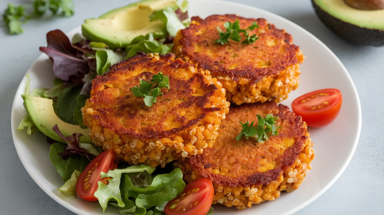 Crispy Vegan Quinoa and Sweet Potato Patties Recipe Golden-brown crispy Vegan Quinoa and Sweet Potato Patties on a plate with a fresh salad.
