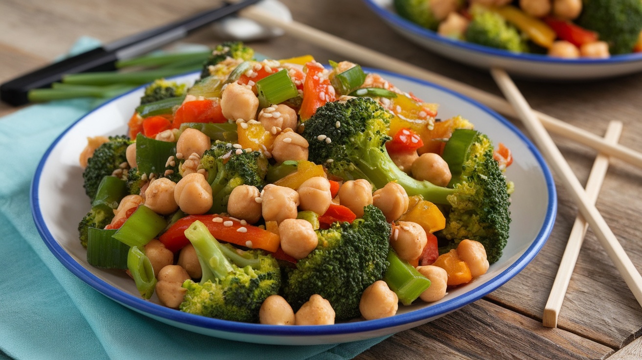 Quick and Delicious Vegan Broccoli Chickpea Stir-Fry A colorful Vegan Broccoli Chickpea Stir-Fry on a plate, garnished with sesame seeds and green onions, with chopsticks ready for serving.