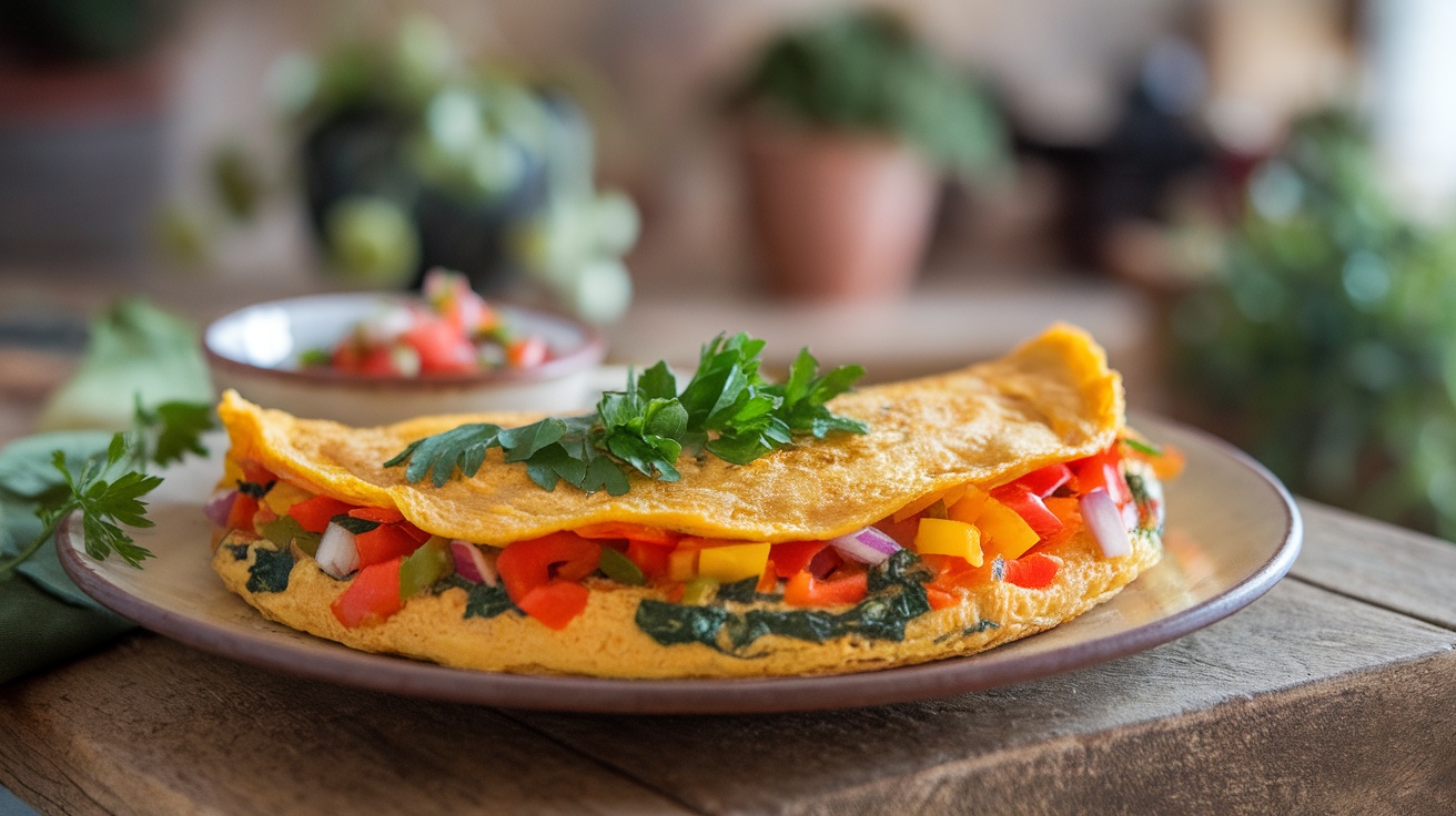 Savory Vegan Chickpea Flour Omelet Recipe A savory Vegan Chickpea Flour Omelet with colorful vegetables, garnished with parsley, on a wooden table with salsa.