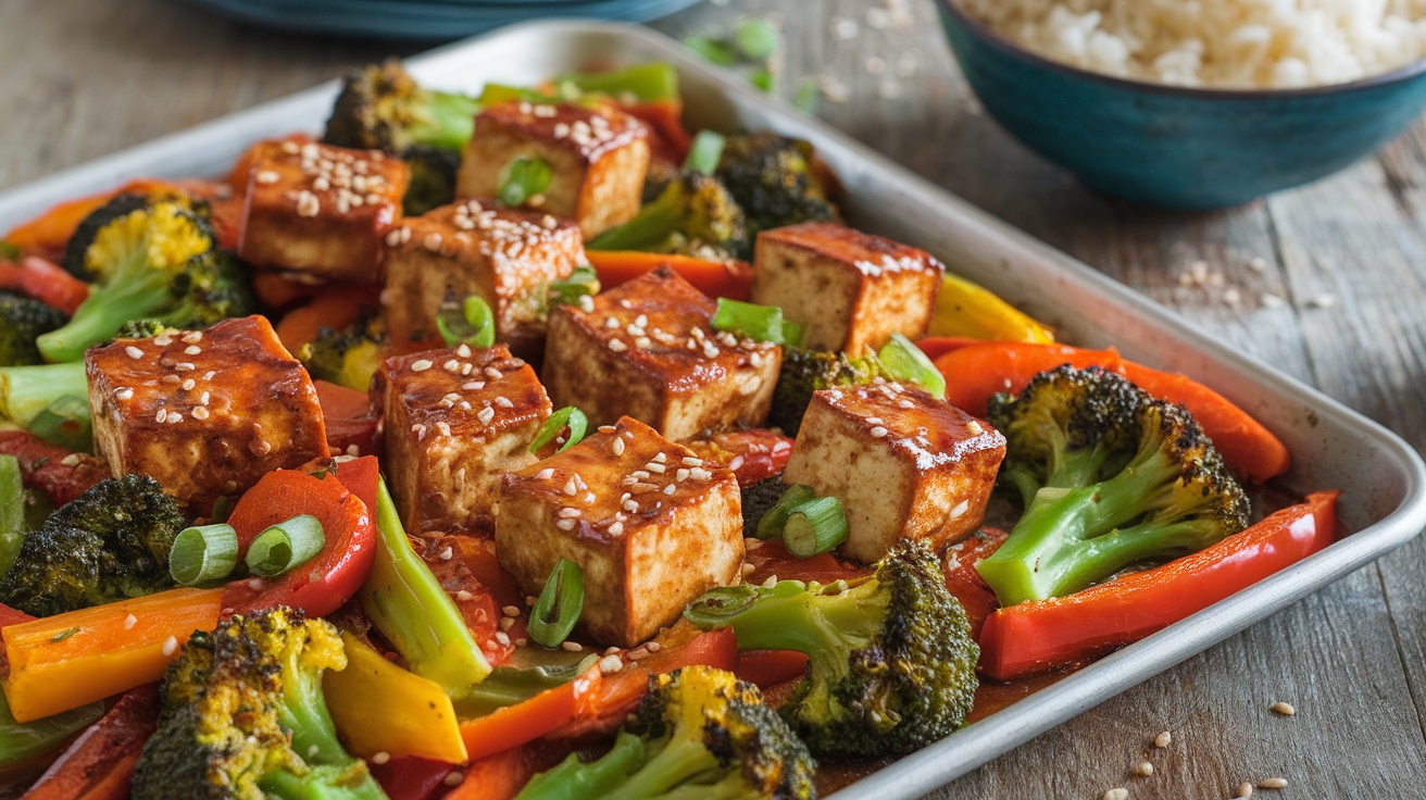 Easy Vegan Tofu and Broccoli Sheet Pan Dinner Roasted Tofu and Broccoli Sheet Pan Dinner featuring tofu, broccoli, bell pepper, and carrot on a rustic table.