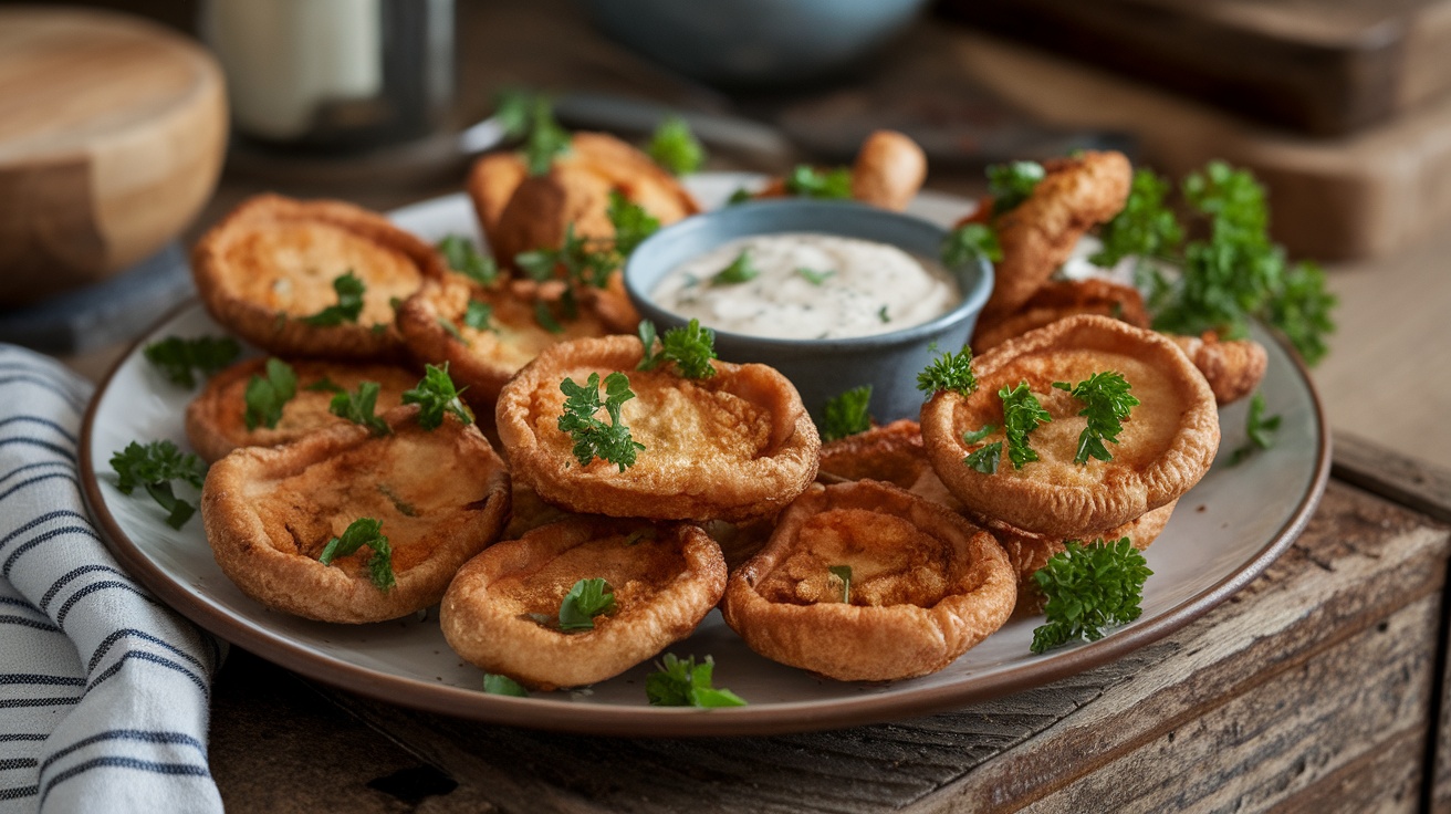 Crispy Vegan Fried Oyster Mushrooms Recipe Crispy vegan fried oyster mushrooms served with vegan ranch sauce, garnished with parsley, on a wooden table.